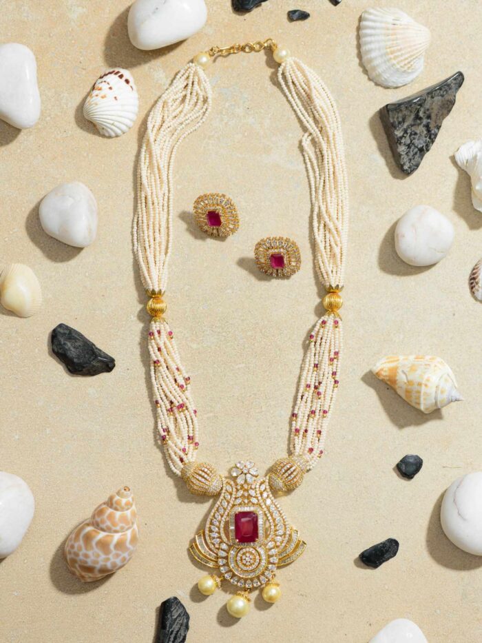 Ruby Radiance in Pearl Chain Necklace: A Stunning Blend of Rubies and Pearls on a Delicate Chain.