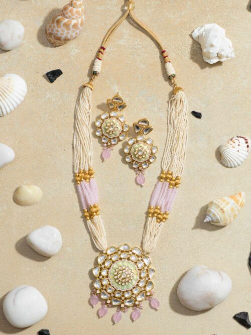 Blush Bloom Kundan with Pearlescent Necklace: A Floral Symphony of Kundan and Pearls