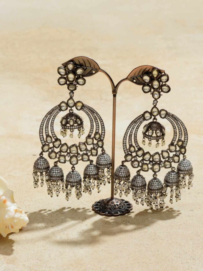 Antique-style darkened silver earrings with intricate Victorian detailing