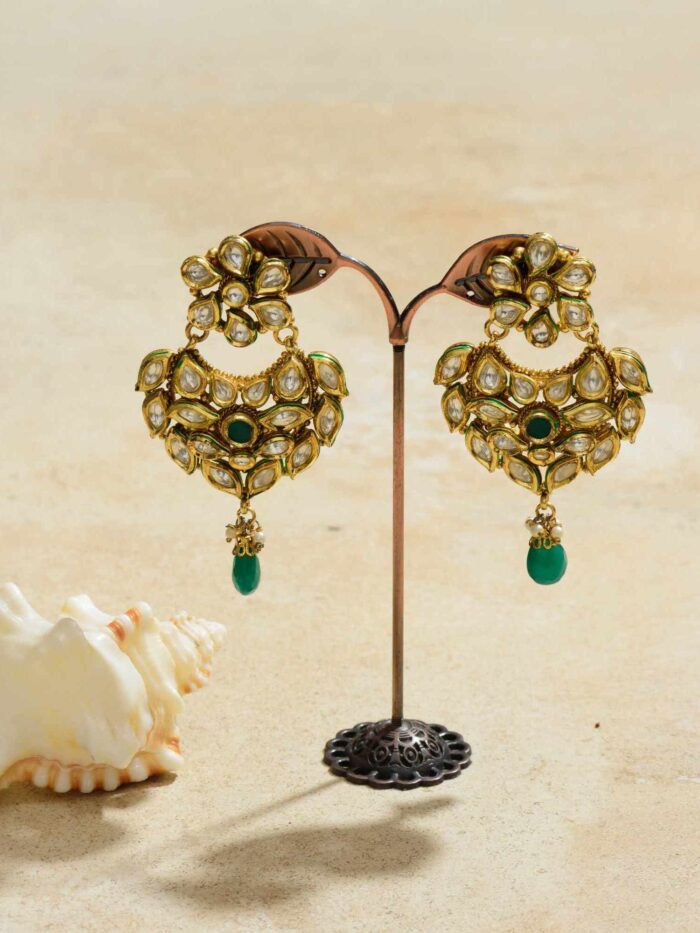 Radiant Emerald Gleam Drop Kundan Earrings, where timeless elegance meets verdant allure.