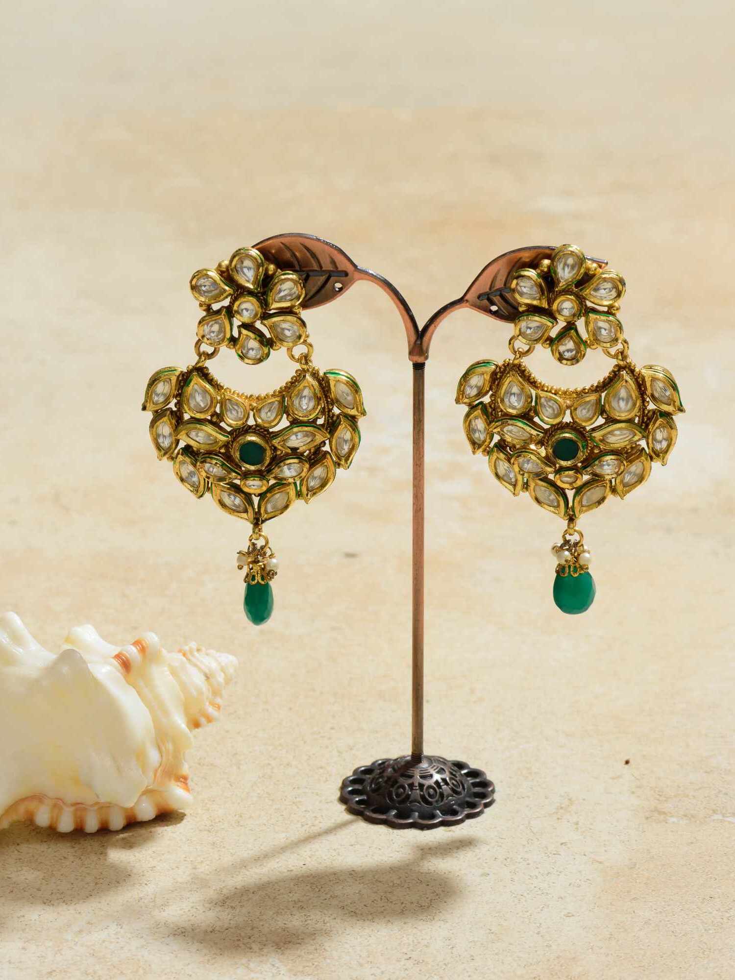 Radiant Emerald Gleam Drop Kundan Earrings, where timeless elegance meets verdant allure.