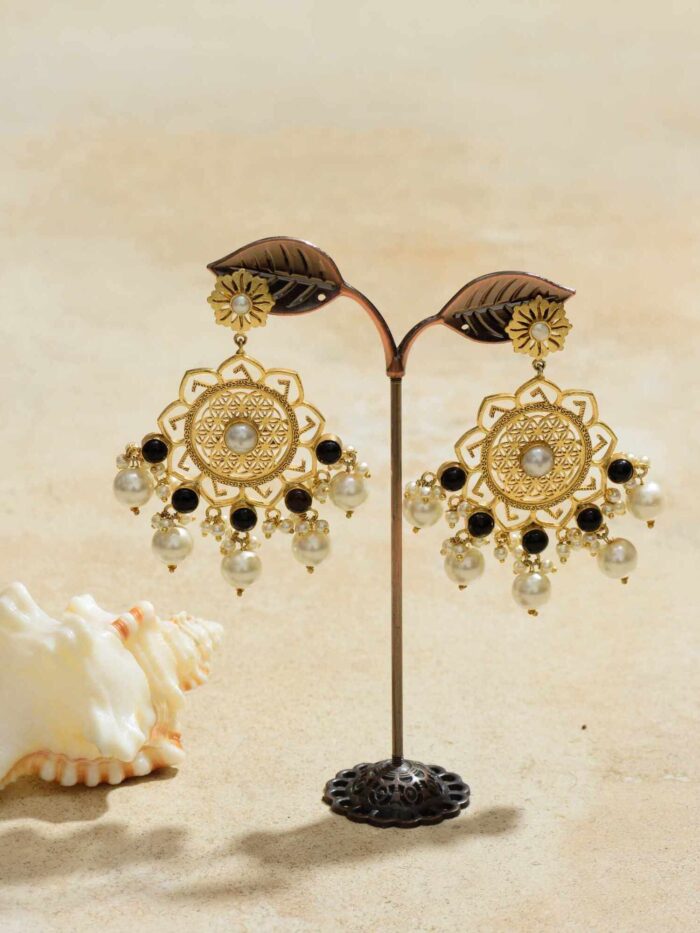 Elegant Golden Mosaic Pearl Earrings exuding timeless charm and heritage beauty.