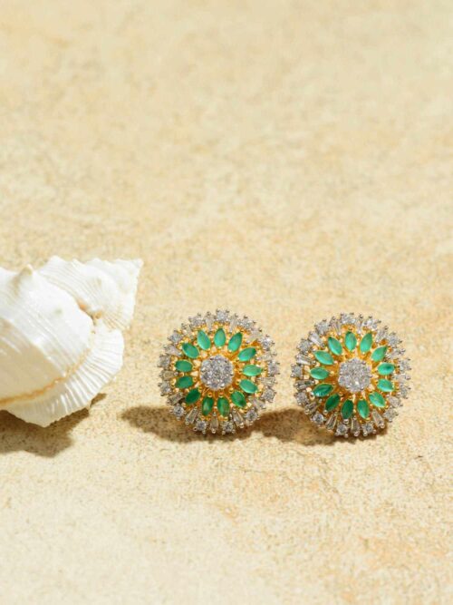 Gleaming White & Green Floral Delight Studs: Elegant Earrings with a Floral Touch.