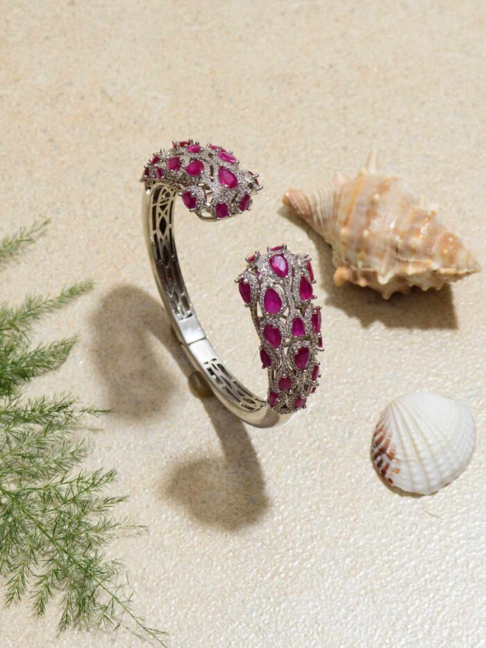 Petals of Pink Cuff Bracelet - Floral Cuff Bracelet adorned with rubies & shining diamonds.