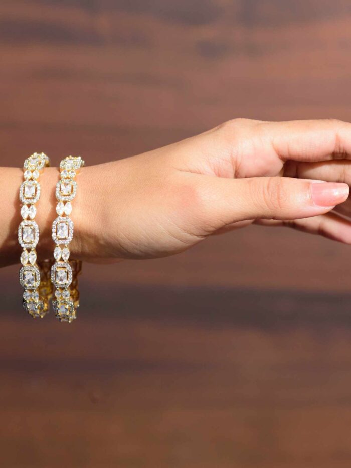 Close-up of Divine Sparkle Bangle Set studded with emerald cut diamonds