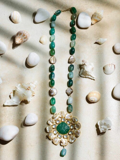 Majestic Mother of Pearl Pendant in Green Mala - Opulent Mala